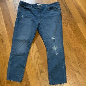 Levi's 711 Distressed Skinny Jeans Size 34 Blue Denim Raw Hem Mid Rise Cropped
